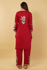 Kashmiri Aari embroidery Jaam Cotton Co-ord set Size-38 (Red)