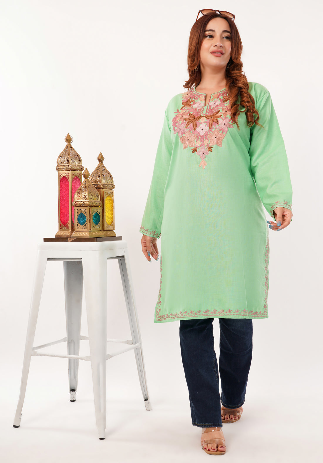 Kashmiri Aari embroidery Cotton Long Kurti Size-46(Green)