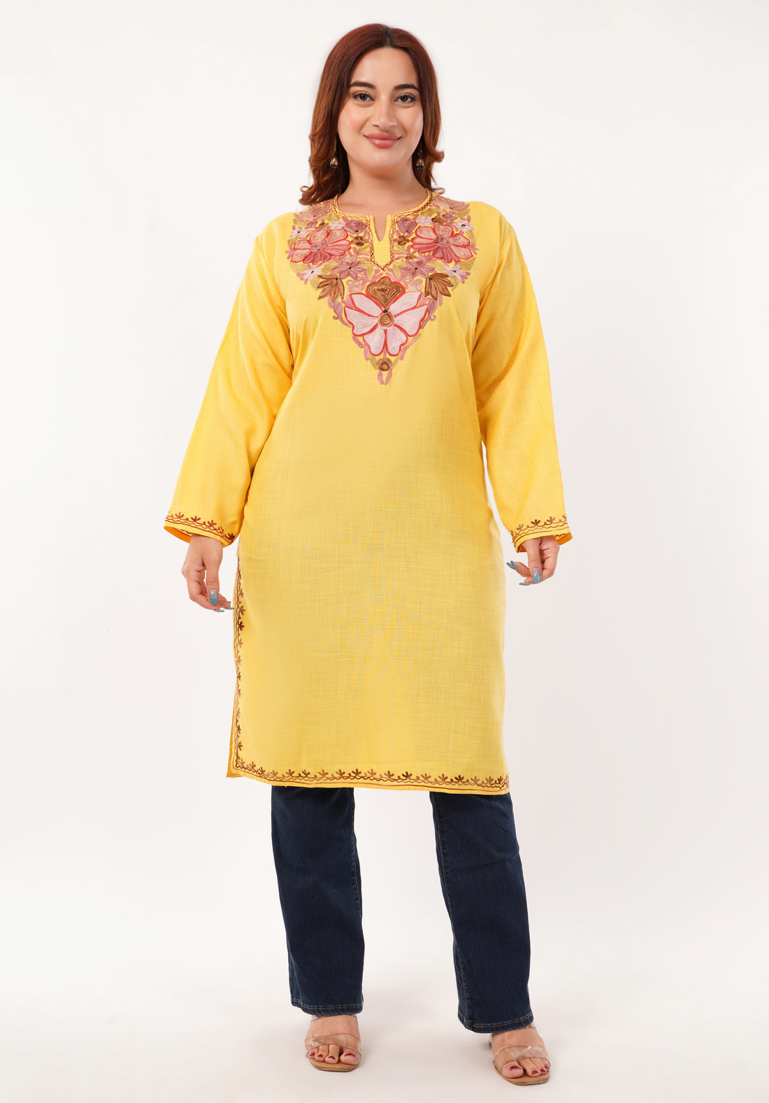 Kashmiri Aari embroidery Cotton Long Kurti Size-46(Yellow)