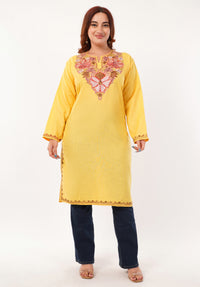 Kashmiri Aari embroidery Cotton Long Kurti Size-46(Yellow)