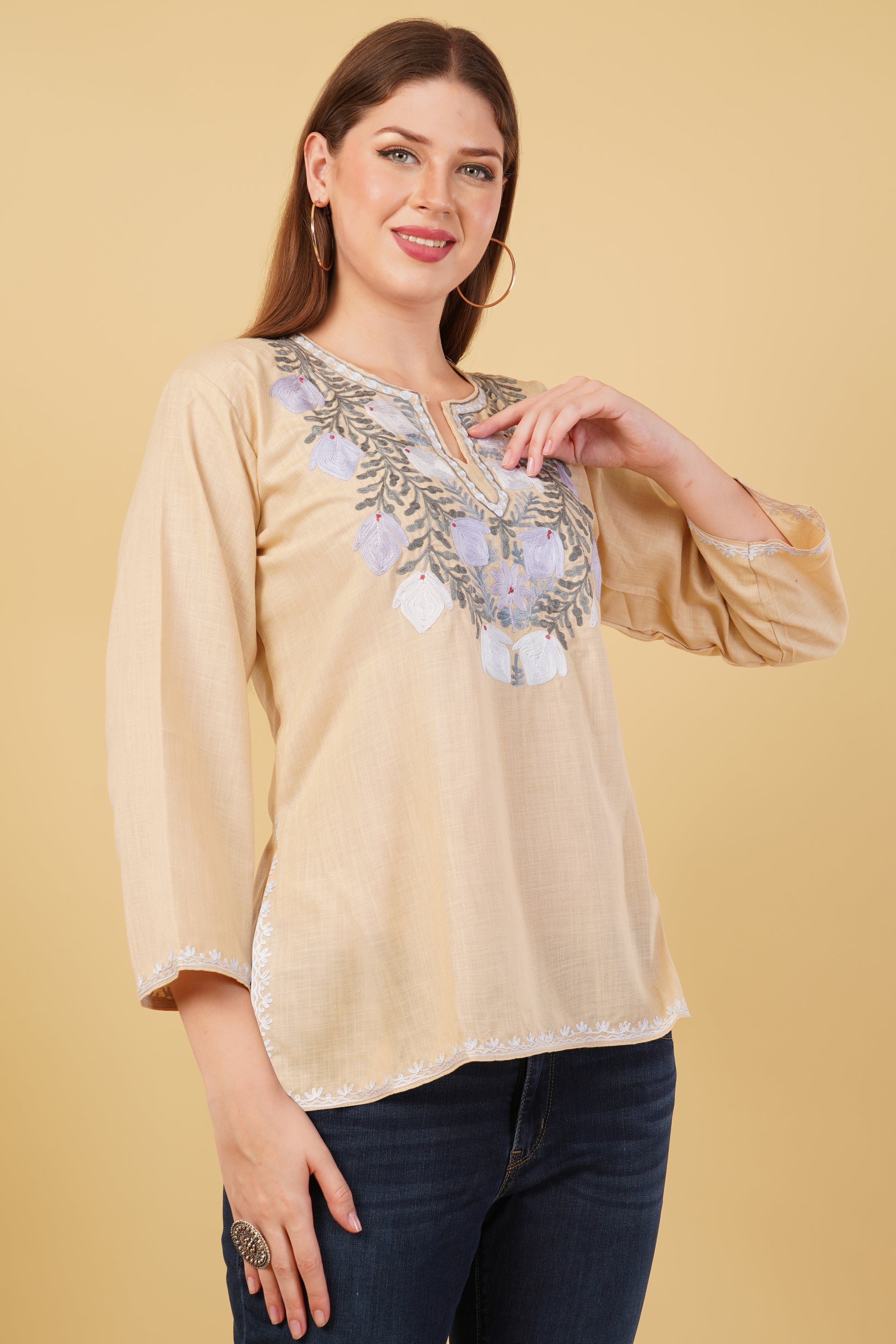 Kashmiri Aari embroidery Cotton Short Kurti Size-42(Beige)