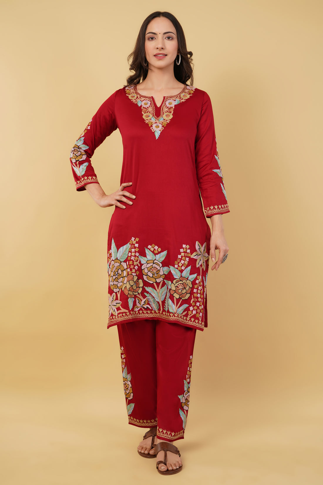 Kashmiri Aari embroidery Jaam Cotton Co-ord set Size-38 (Red)