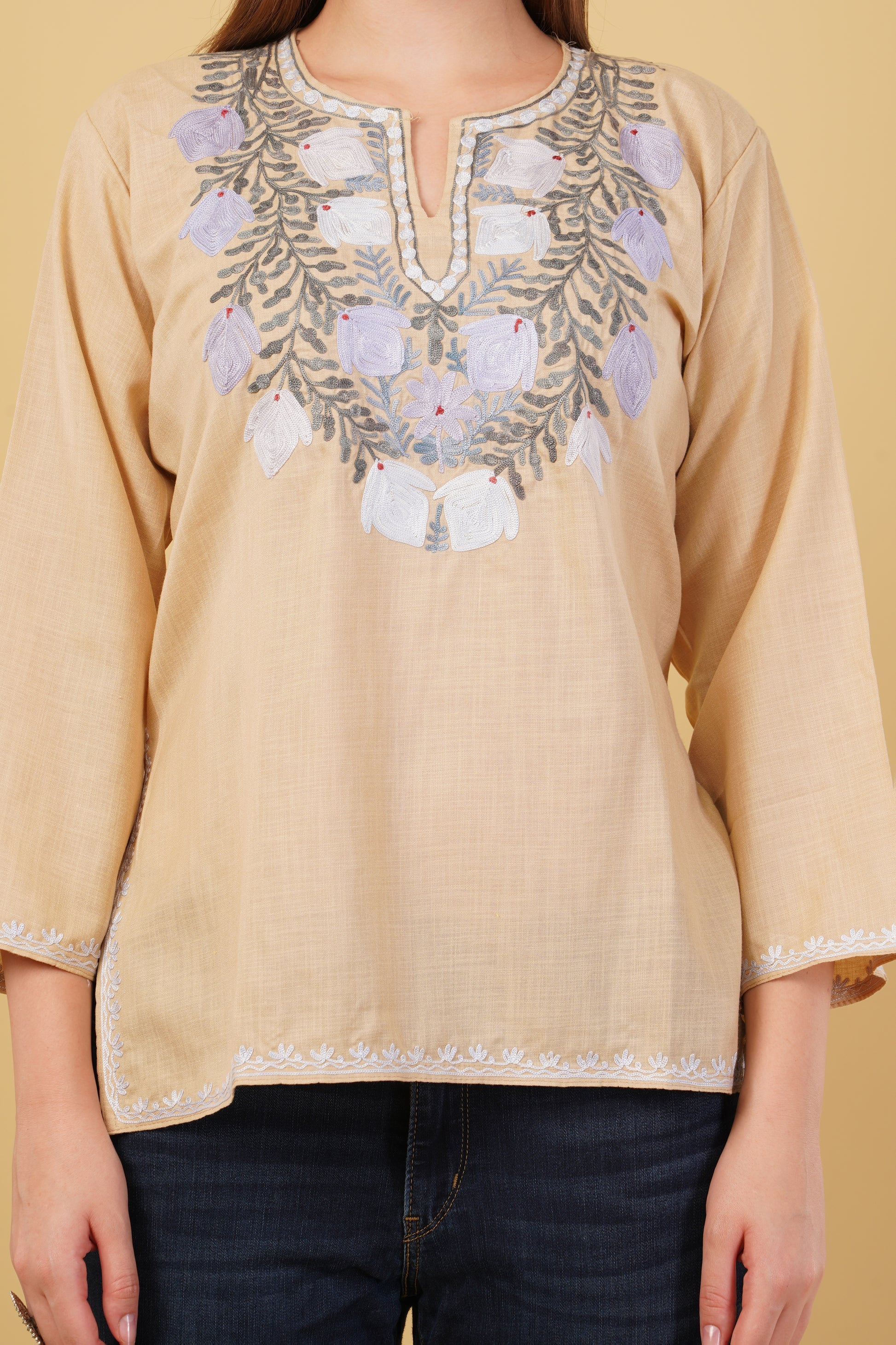 Kashmiri Aari embroidery Cotton Short Kurti Size-42(Beige)
