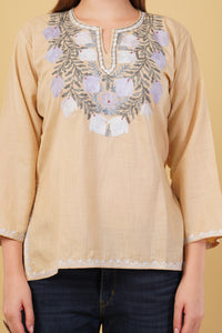 Kashmiri Aari embroidery Cotton Short Kurti Size-42(Beige)