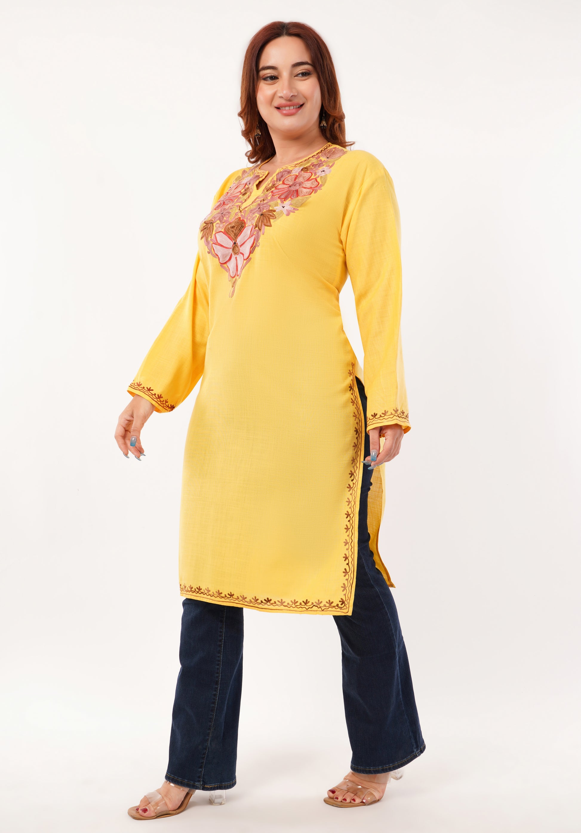 Kashmiri Aari embroidery Cotton Long Kurti Size-46(Yellow)