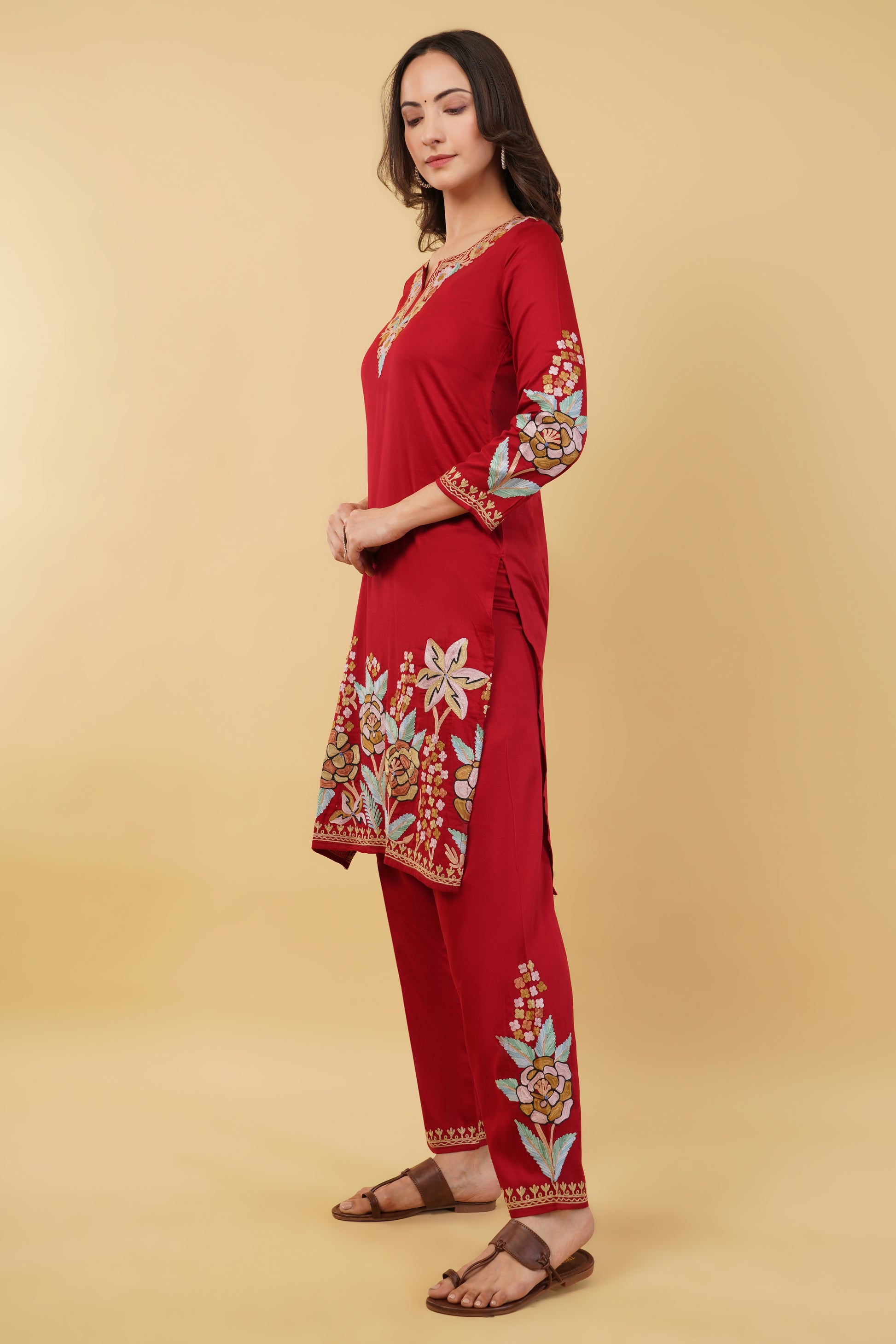 Kashmiri Aari embroidery Jaam Cotton Co-ord set Size-38 (Red)
