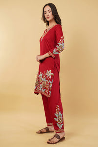 Kashmiri Aari embroidery Jaam Cotton Co-ord set Size-38 (Red)