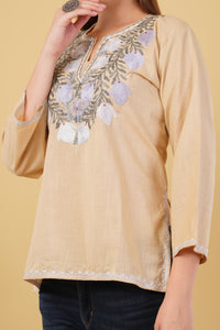 Kashmiri Aari embroidery Cotton Short Kurti Size-42(Beige)