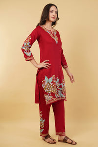 Kashmiri Aari embroidery Jaam Cotton Co-ord set Size-38 (Red)