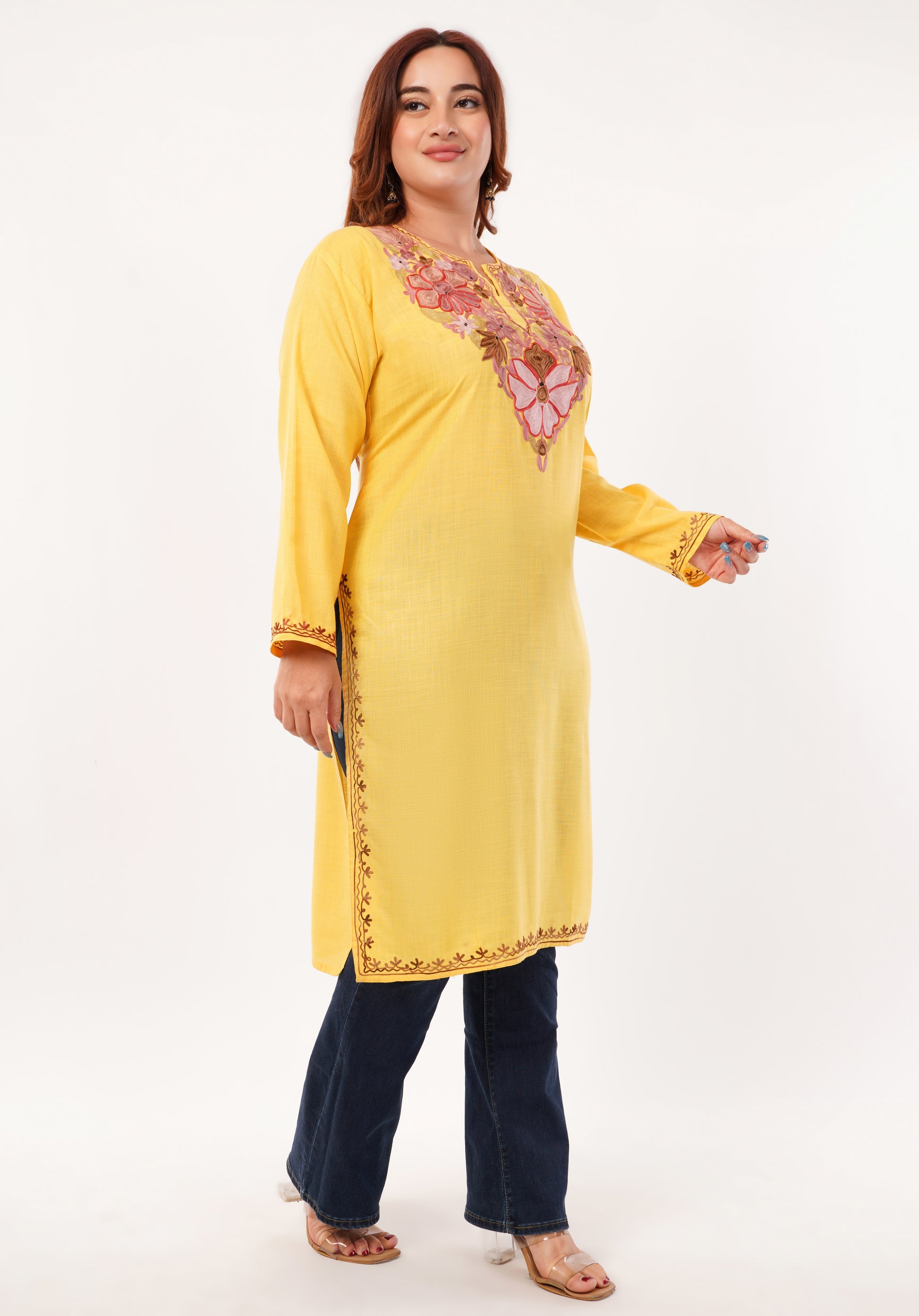Kashmiri Aari embroidery Cotton Long Kurti Size-46(Yellow)