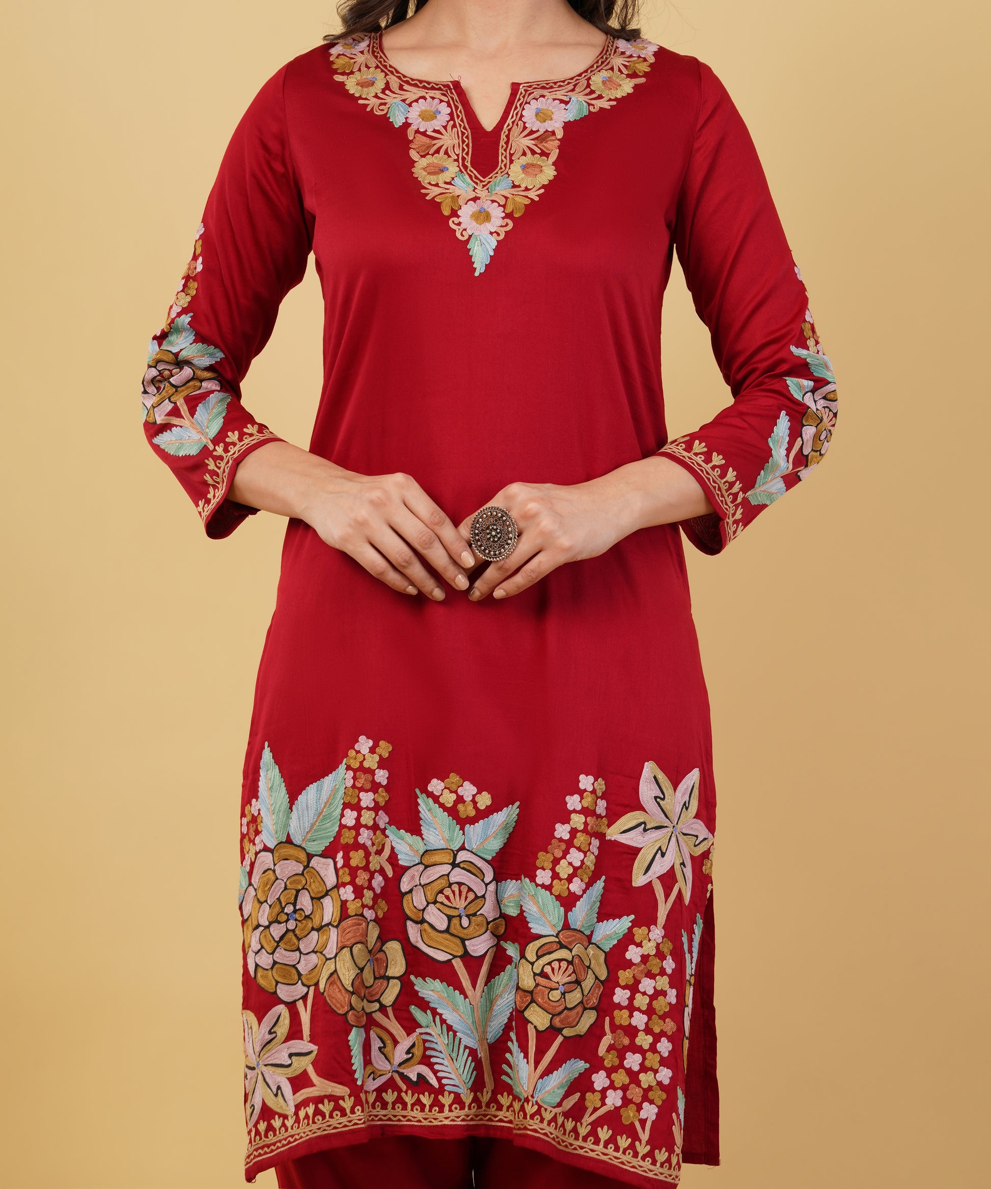 Kashmiri Aari embroidery Jaam Cotton Co-ord set Size-38 (Red)