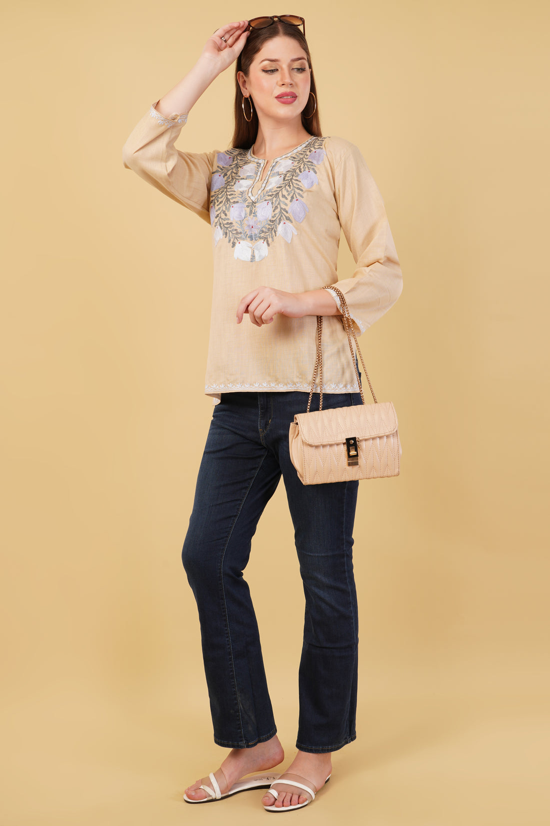 Kashmiri Aari embroidery Cotton Short Kurti Size-42(Beige)