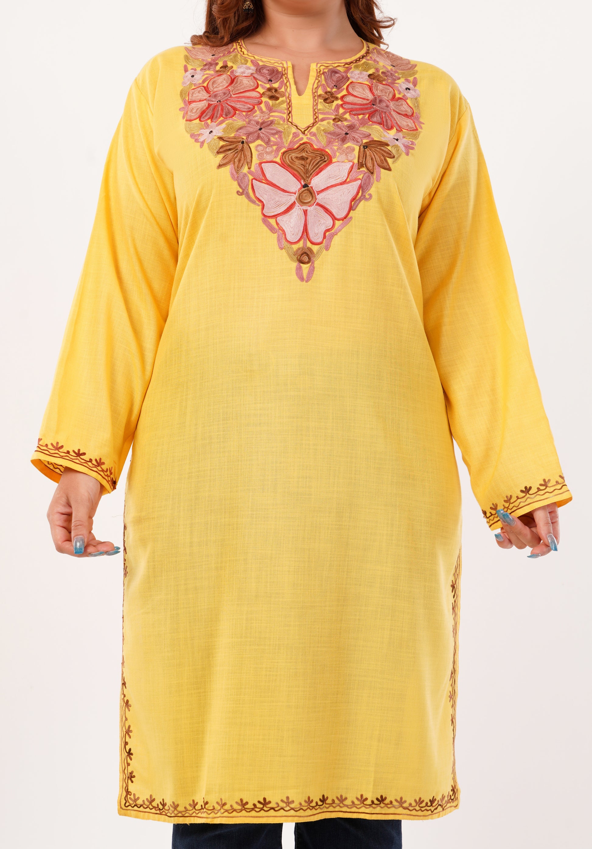 Kashmiri Aari embroidery Cotton Long Kurti Size-46(Yellow)