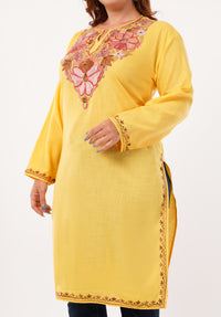 Kashmiri Aari embroidery Cotton Long Kurti Size-46(Yellow)