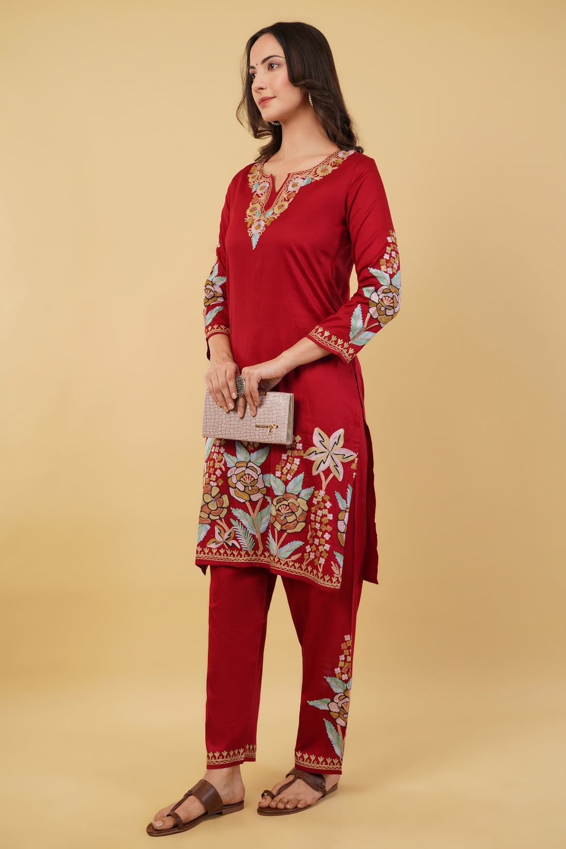 Kashmiri Aari embroidery Jaam Cotton Co-ord set Size-38 (Red)