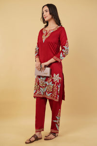 Kashmiri Aari embroidery Jaam Cotton Co-ord set Size-38 (Red)