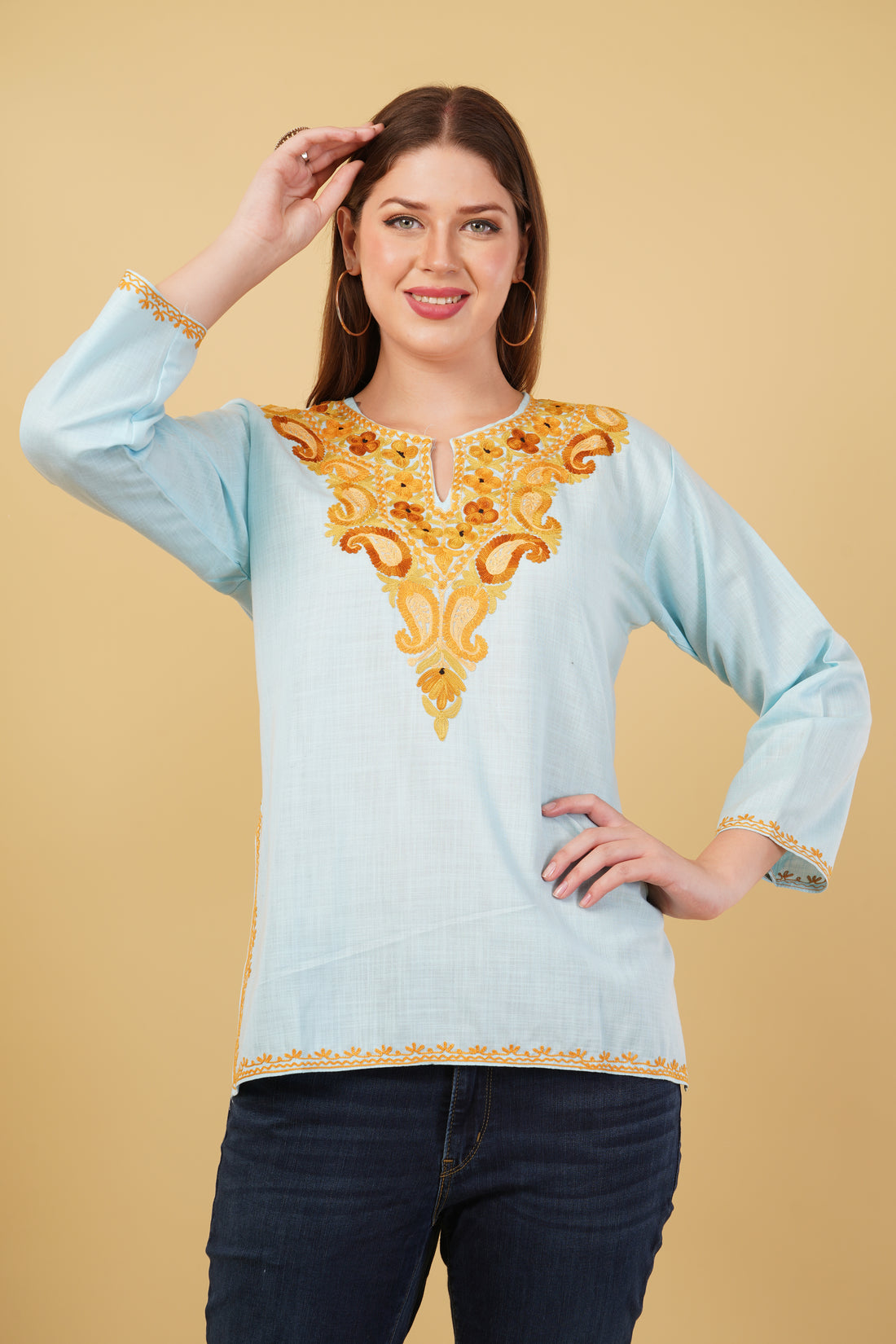 Kashmiri Aari embroidery Cotton Short Kurti Size-42(Sky Blue)
