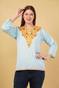Kashmiri Aari embroidery Cotton Short Kurti Size-42(Sky Blue)