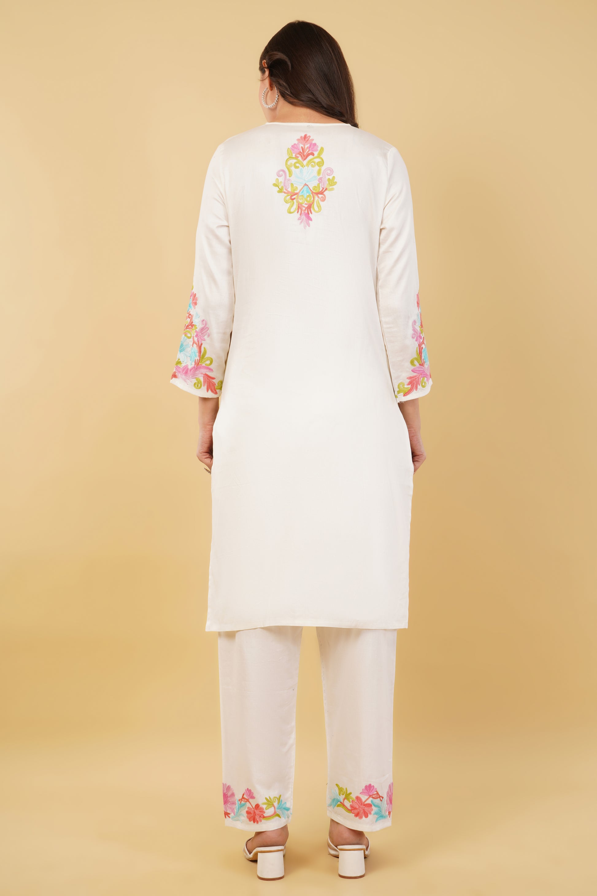 Kashmiri Aari embroidery Jaam Cotton Co-ord set Size-38 (White)