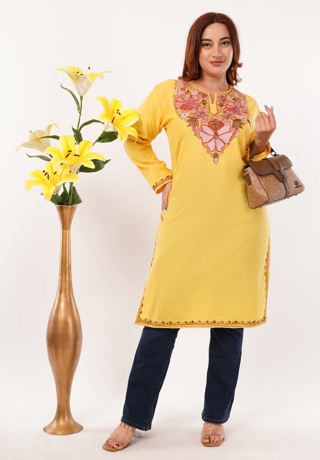 Kashmiri Aari embroidery Cotton Long Kurti Size-46(Yellow)