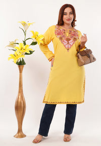 Kashmiri Aari embroidery Cotton Long Kurti Size-46(Yellow)
