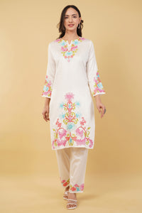 Kashmiri Aari embroidery Jaam Cotton Co-ord set Size-38 (White)