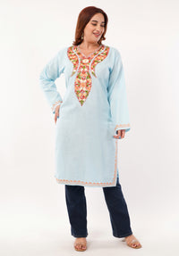 Kashmiri Aari embroidery Cotton Long Kurti Size-46(Sky Blue)