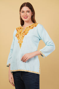 Kashmiri Aari embroidery Cotton Short Kurti Size-42(Sky Blue)