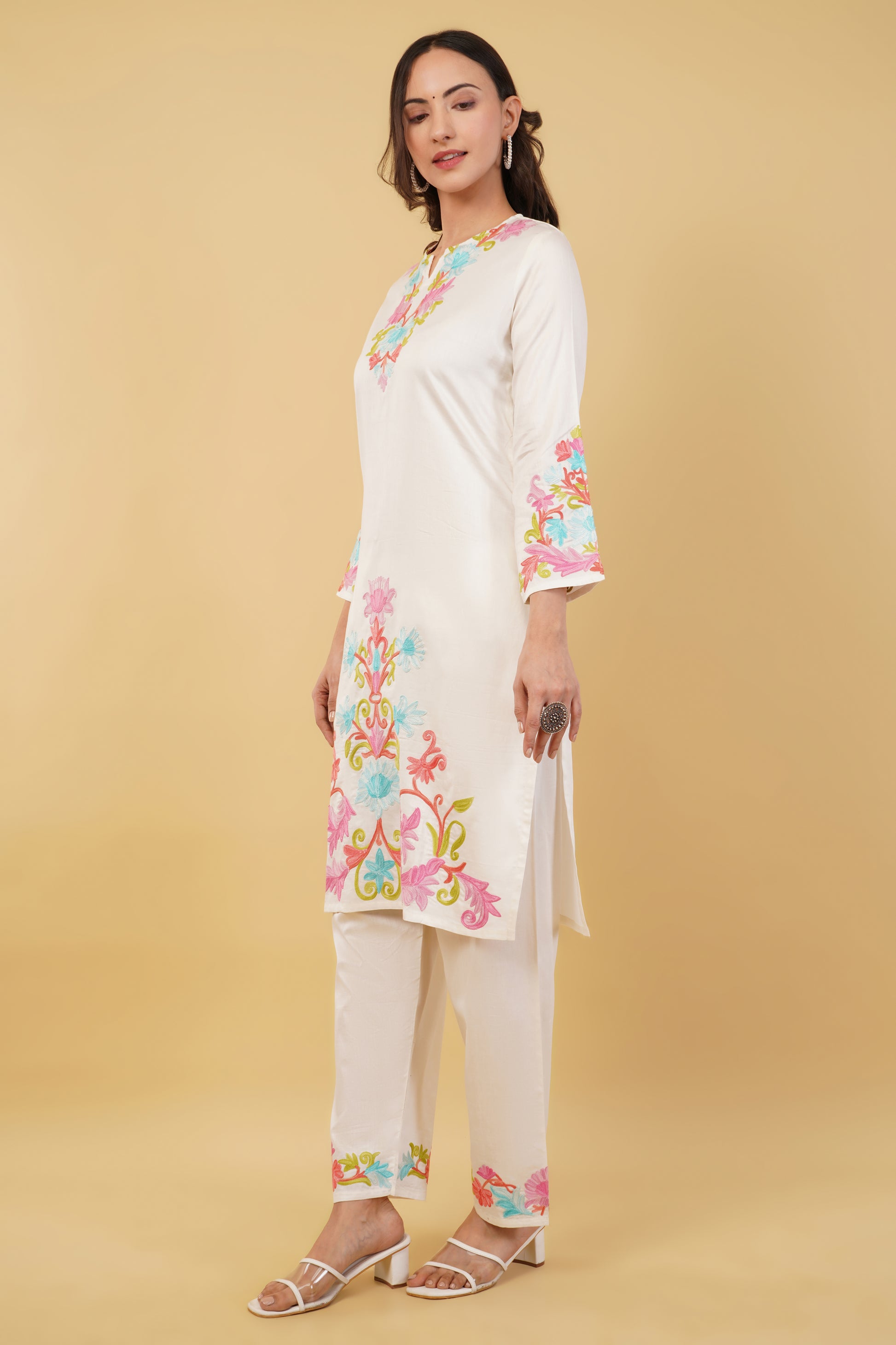 Kashmiri Aari embroidery Jaam Cotton Co-ord set Size-38 (White)