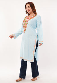 Kashmiri Aari embroidery Cotton Long Kurti Size-46(Sky Blue)