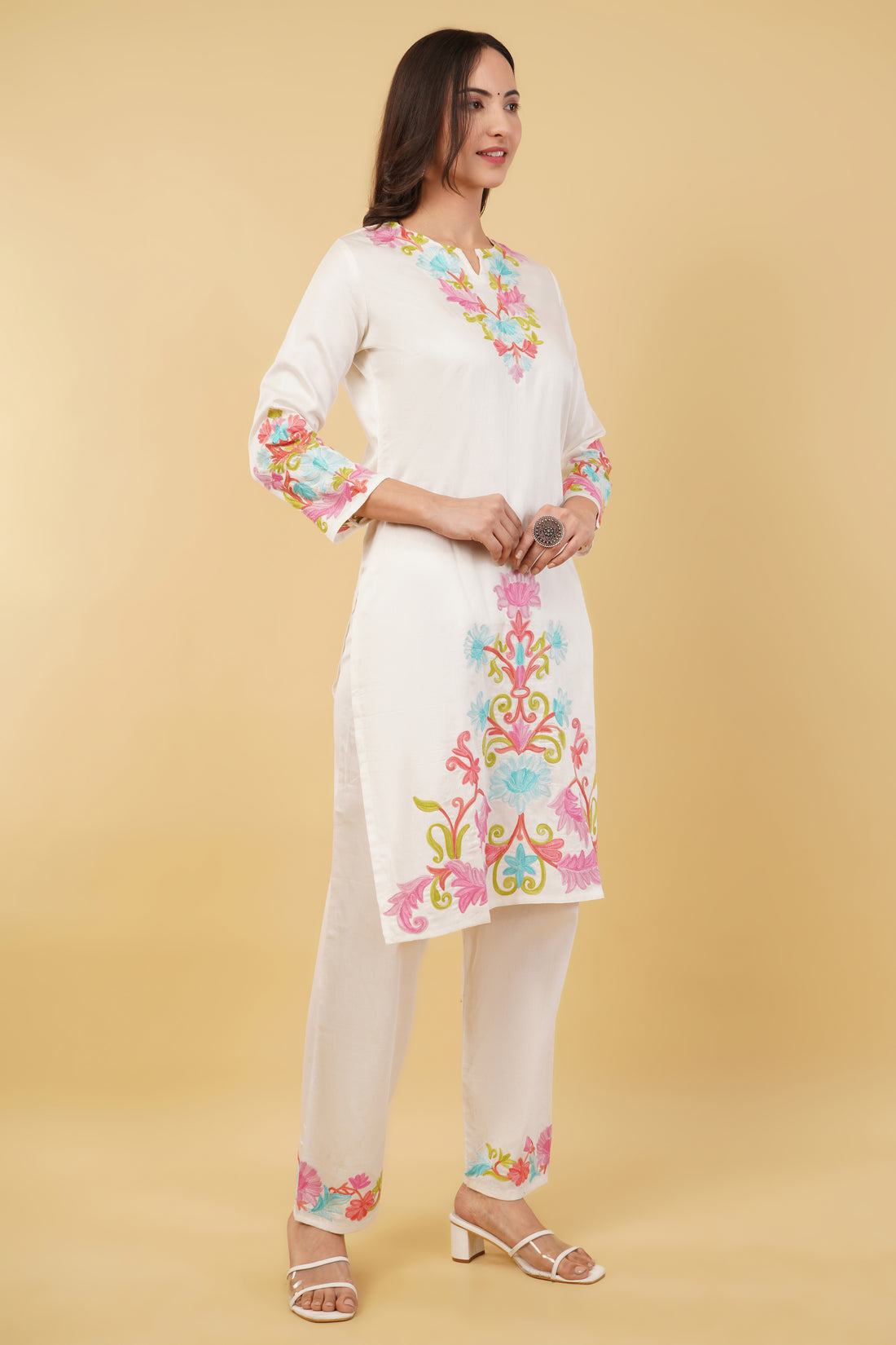 Kashmiri Aari embroidery Jaam Cotton Co-ord set Size-38 (White)