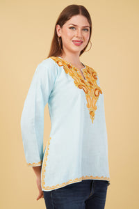 Kashmiri Aari embroidery Cotton Short Kurti Size-42(Sky Blue)