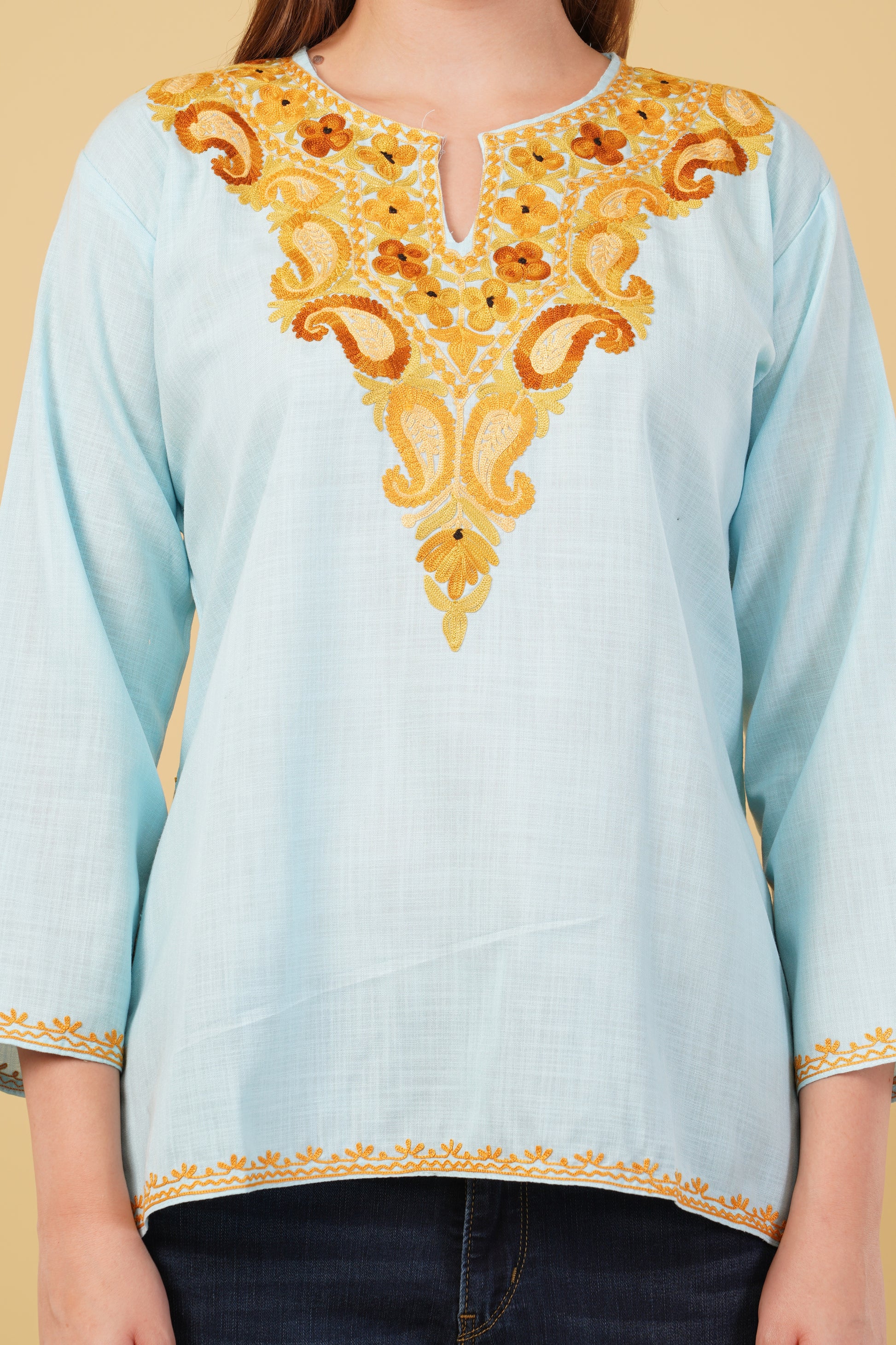 Kashmiri Aari embroidery Cotton Short Kurti Size-42(Sky Blue)