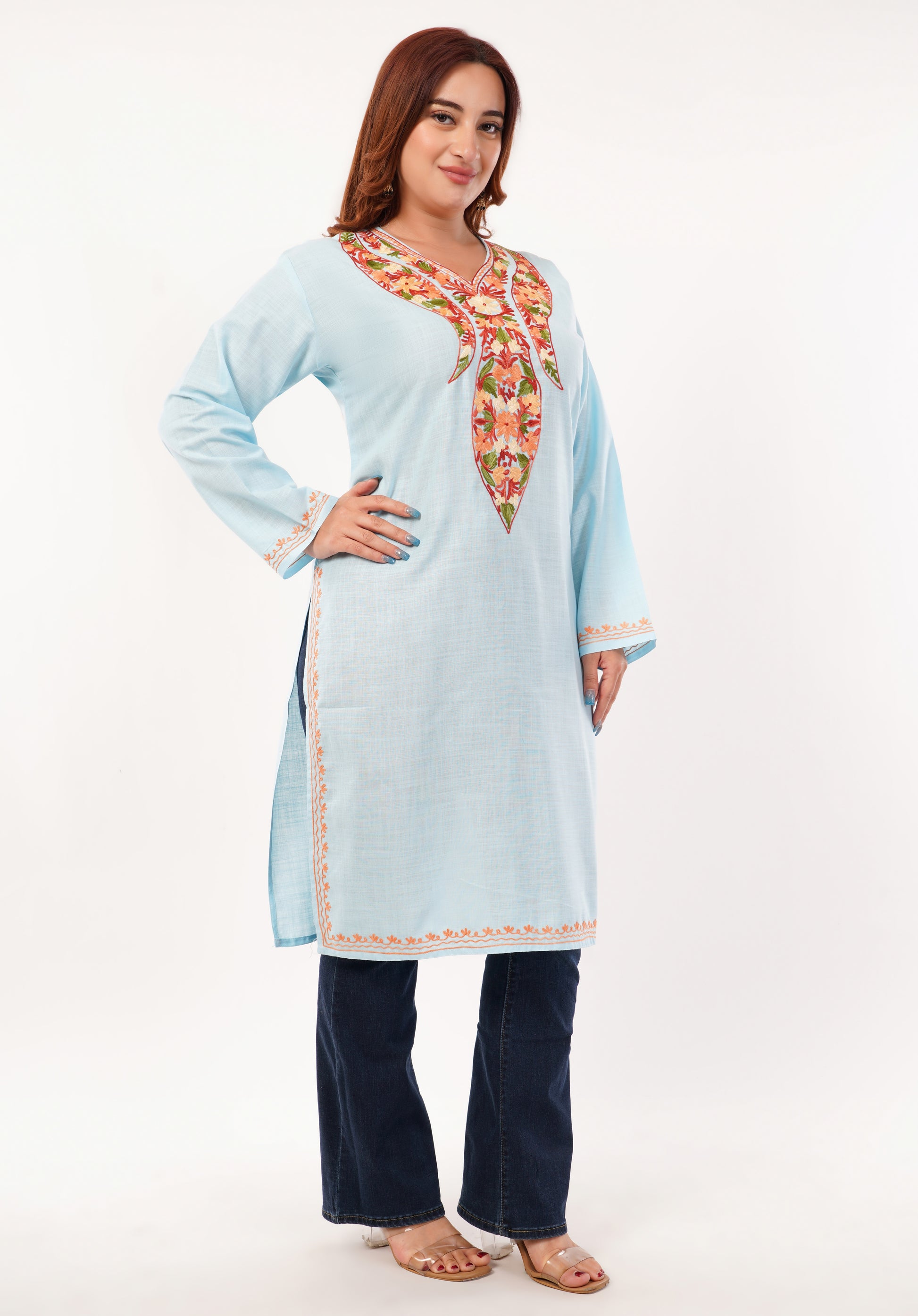 Kashmiri Aari embroidery Cotton Long Kurti Size-46(Sky Blue)