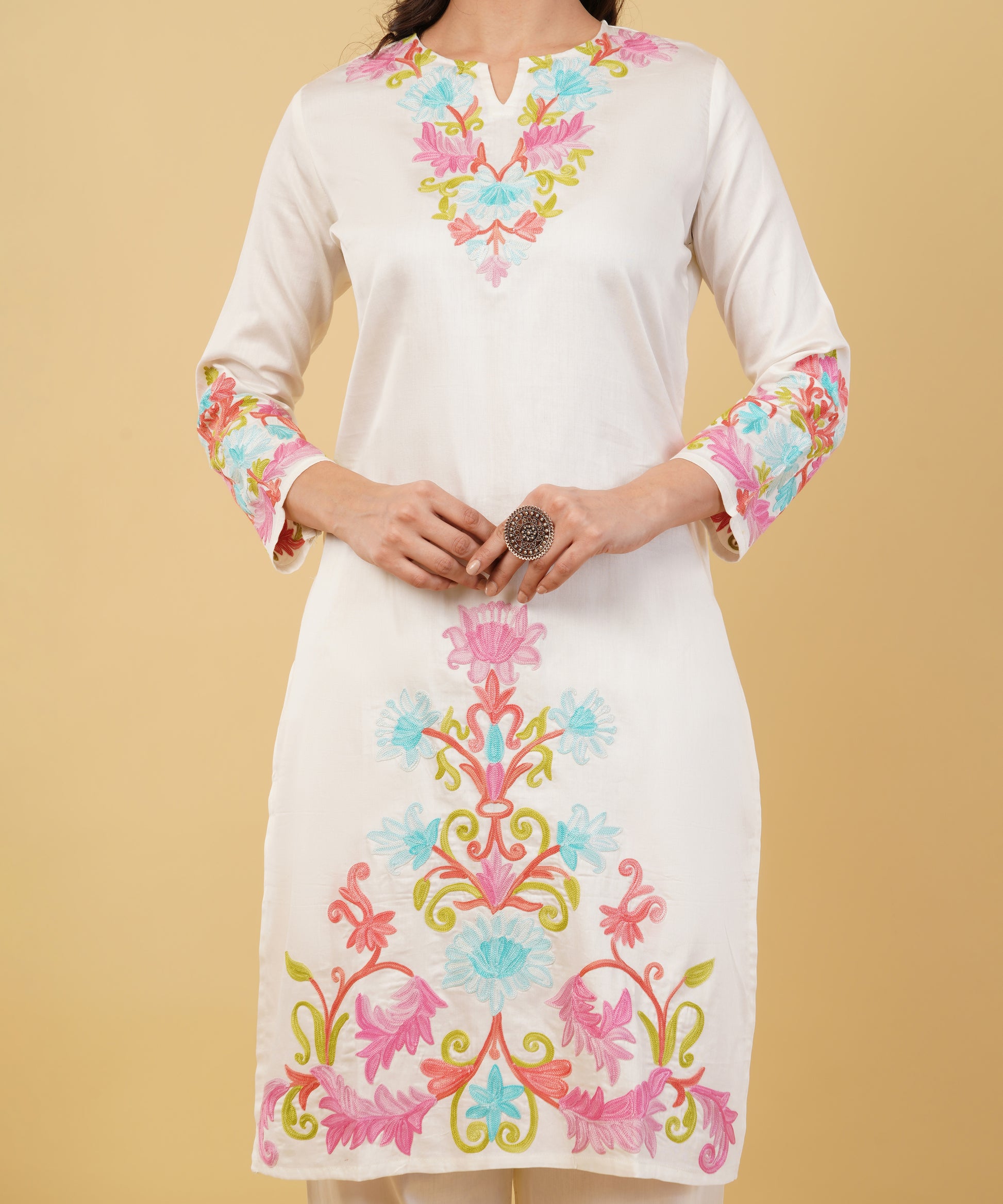 Kashmiri Aari embroidery Jaam Cotton Co-ord set Size-38 (White)