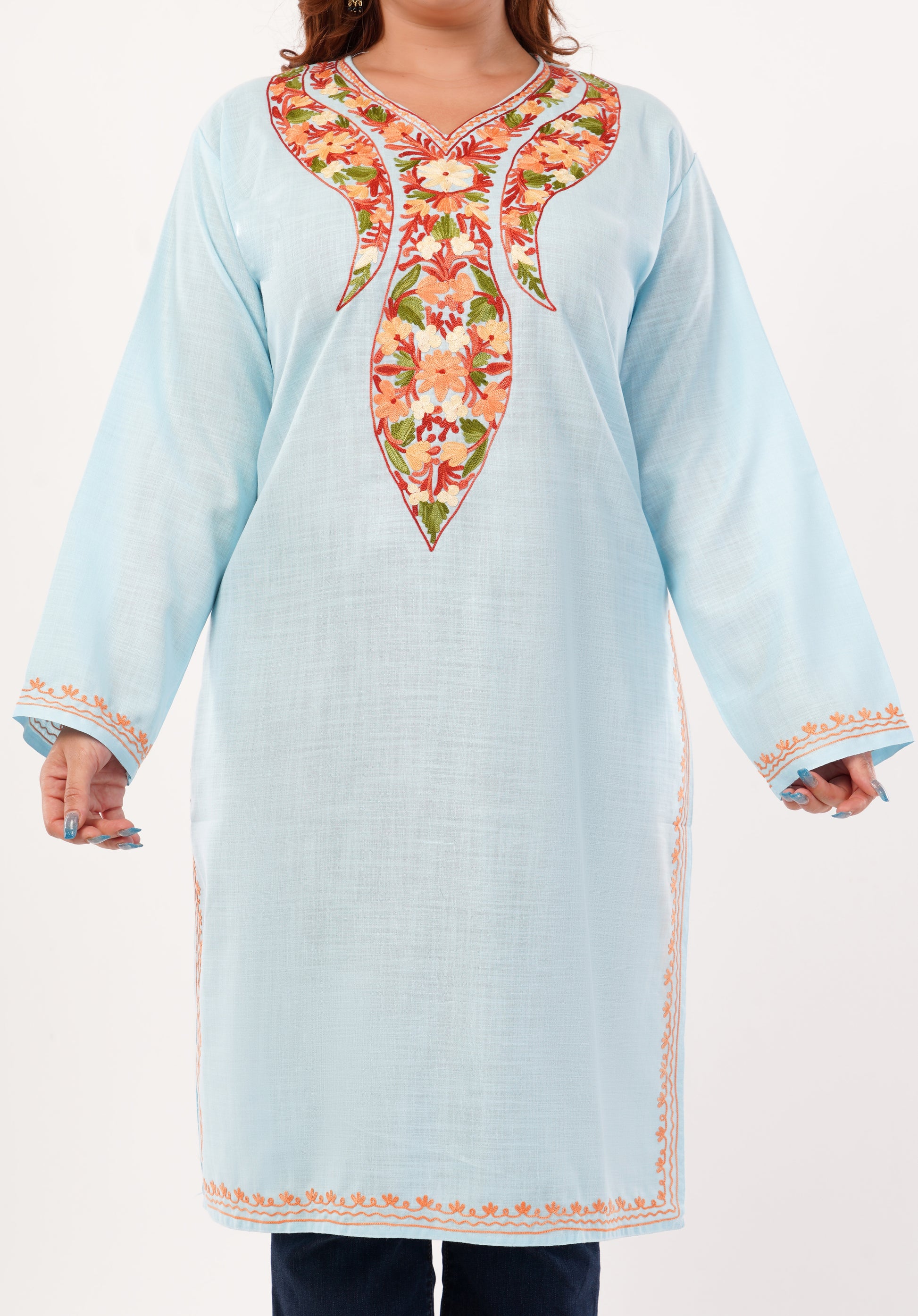 Kashmiri Aari embroidery Cotton Long Kurti Size-46(Sky Blue)