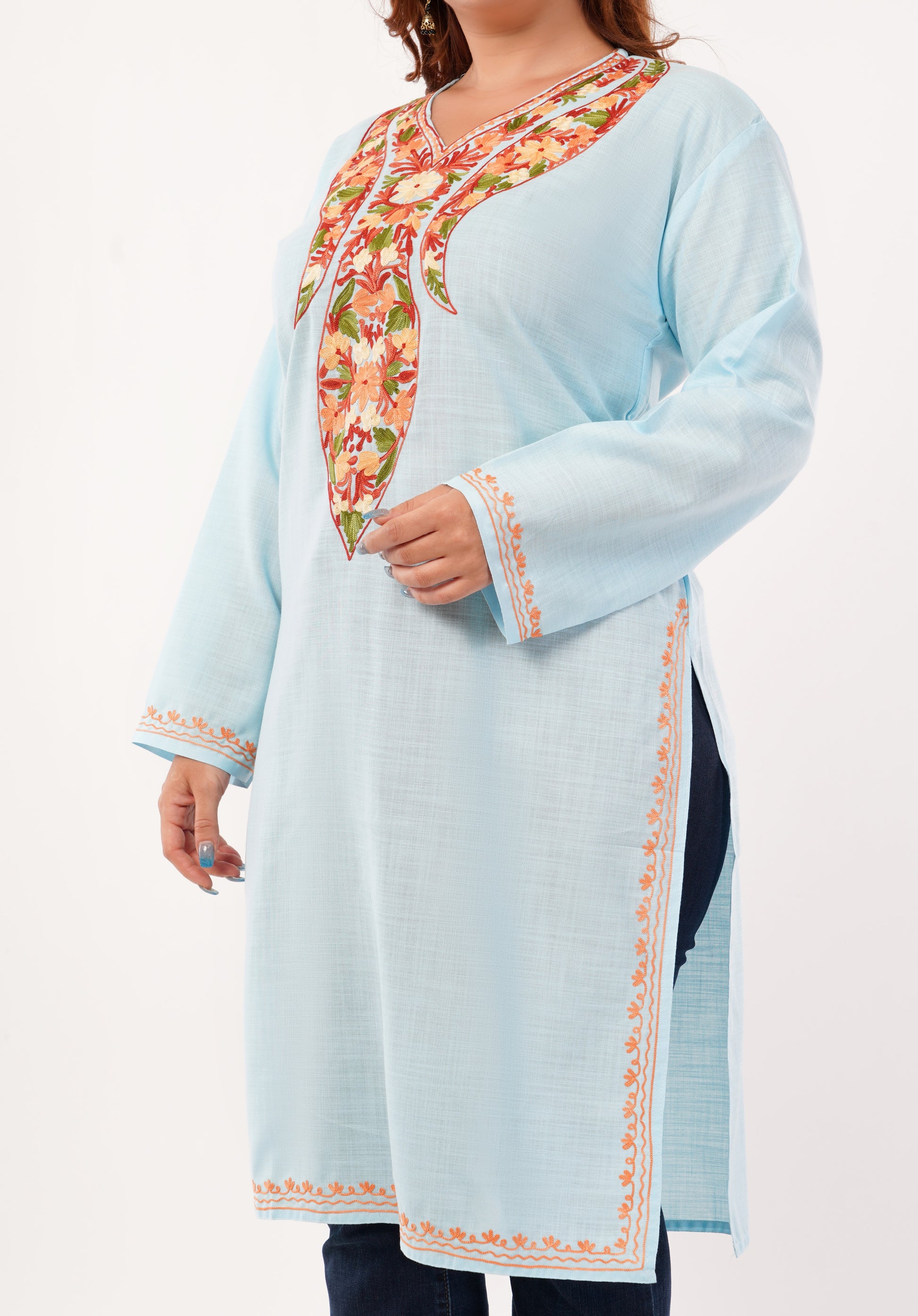 Kashmiri Aari embroidery Cotton Long Kurti Size-46(Sky Blue)