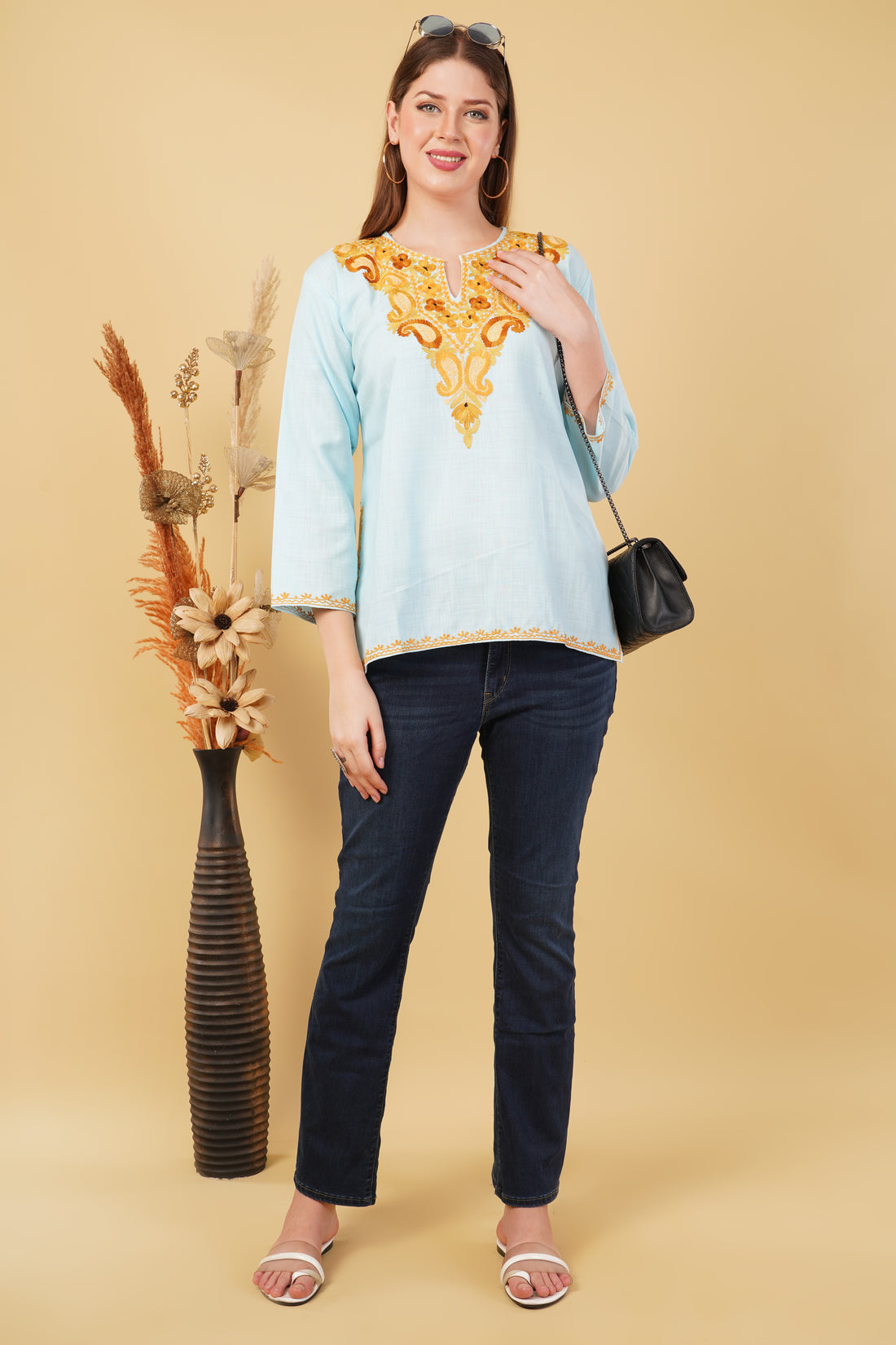 Kashmiri Aari embroidery Cotton Short Kurti Size-42(Sky Blue)