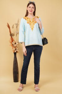 Kashmiri Aari embroidery Cotton Short Kurti Size-42(Sky Blue)