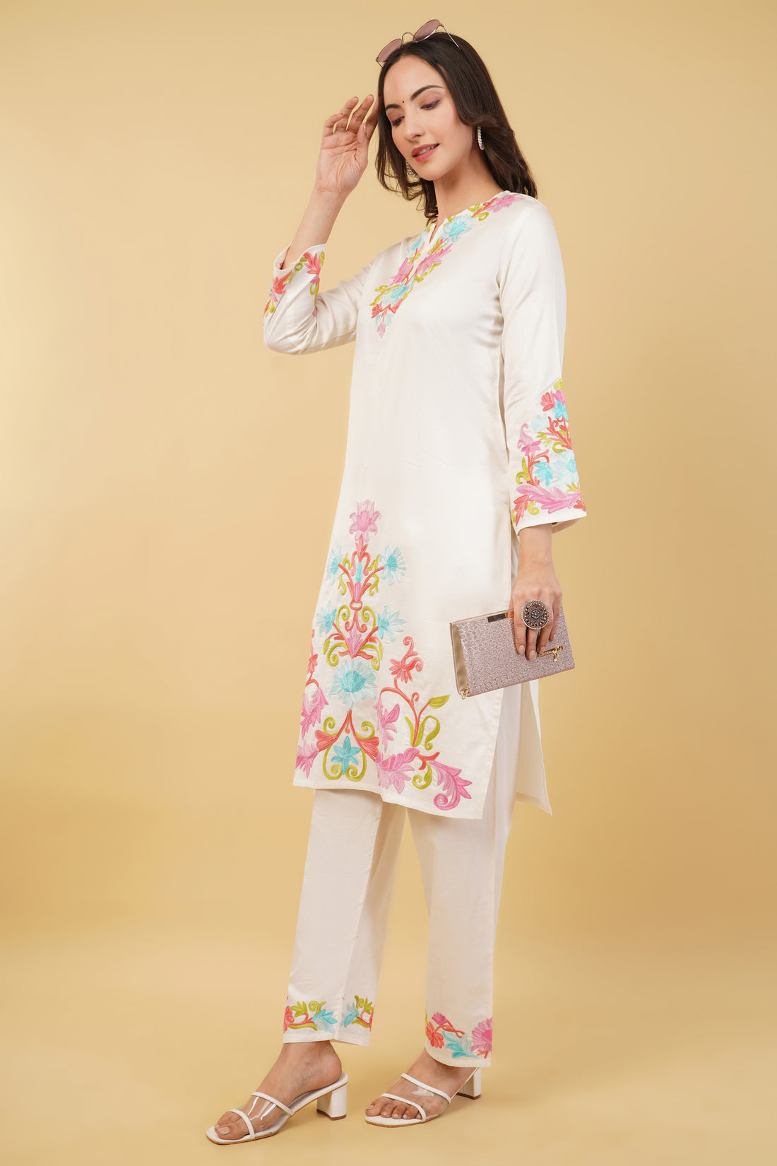 Kashmiri Aari embroidery Jaam Cotton Co-ord set Size-38 (White)