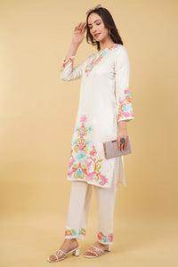 Kashmiri Aari embroidery Jaam Cotton Co-ord set Size-38 (White)