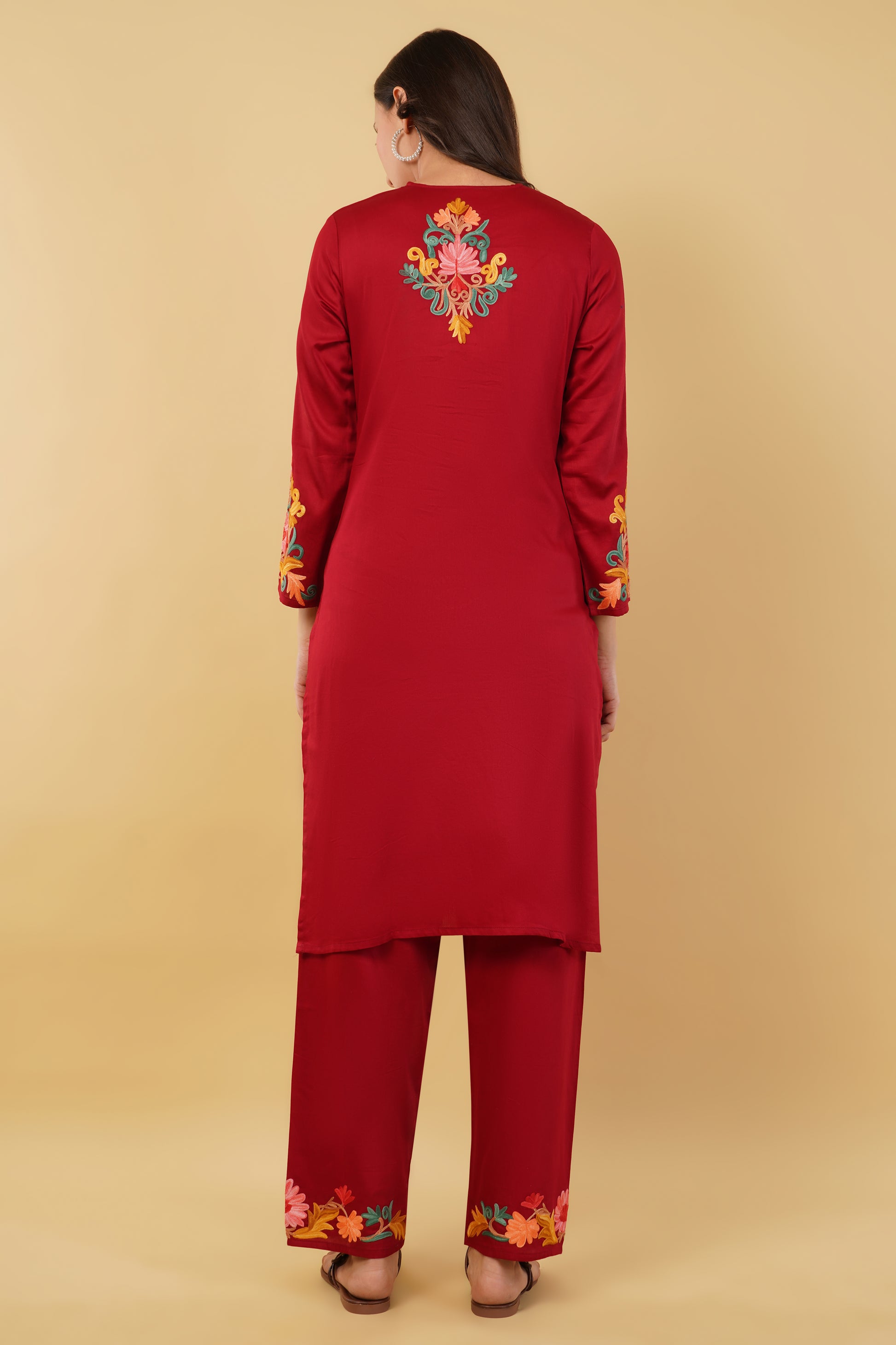 Kashmiri Aari embroidery Jaam Cotton Co-ord set Size-38 (Red)