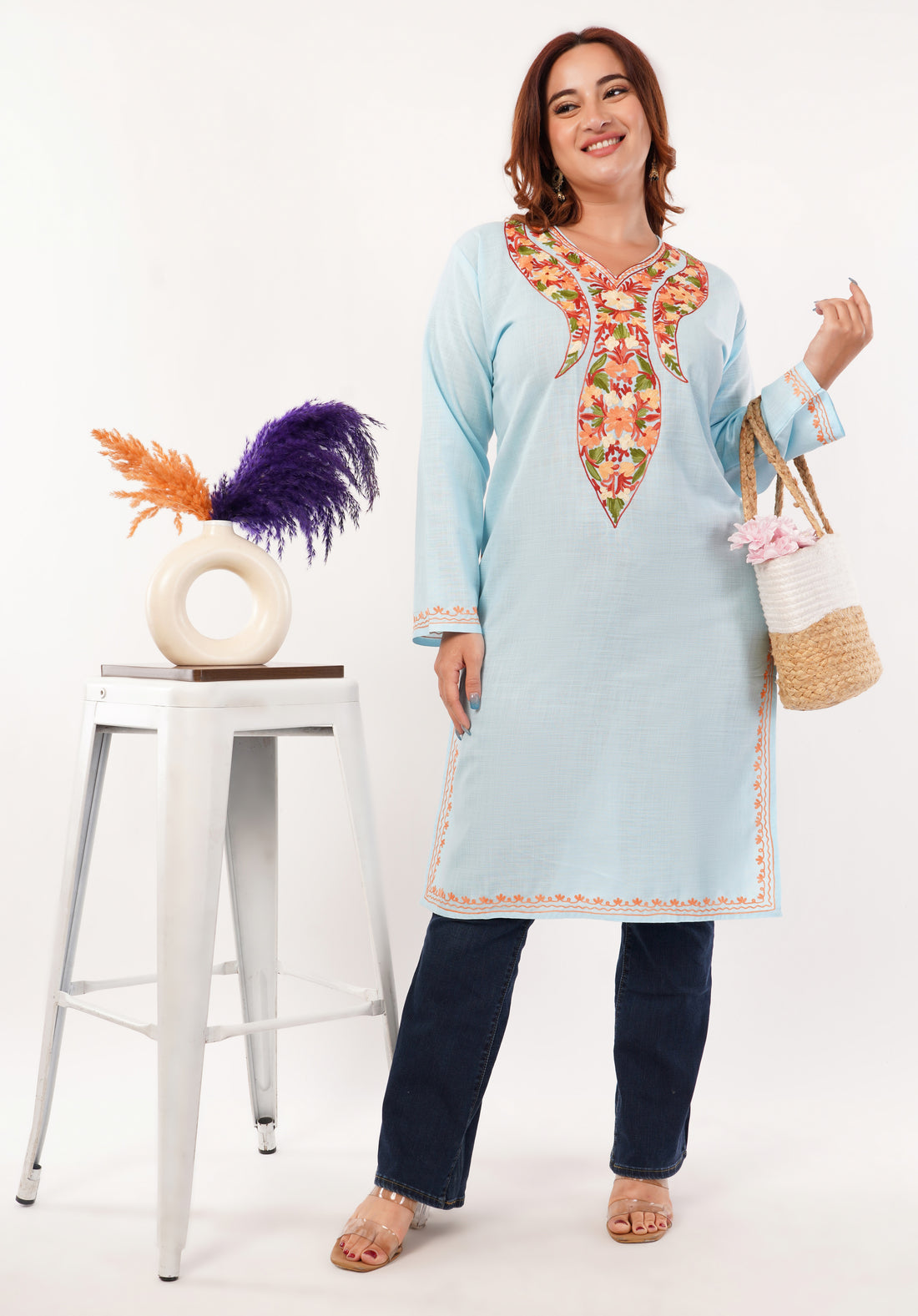 Kashmiri Aari embroidery Cotton Long Kurti Size-46(Sky Blue)