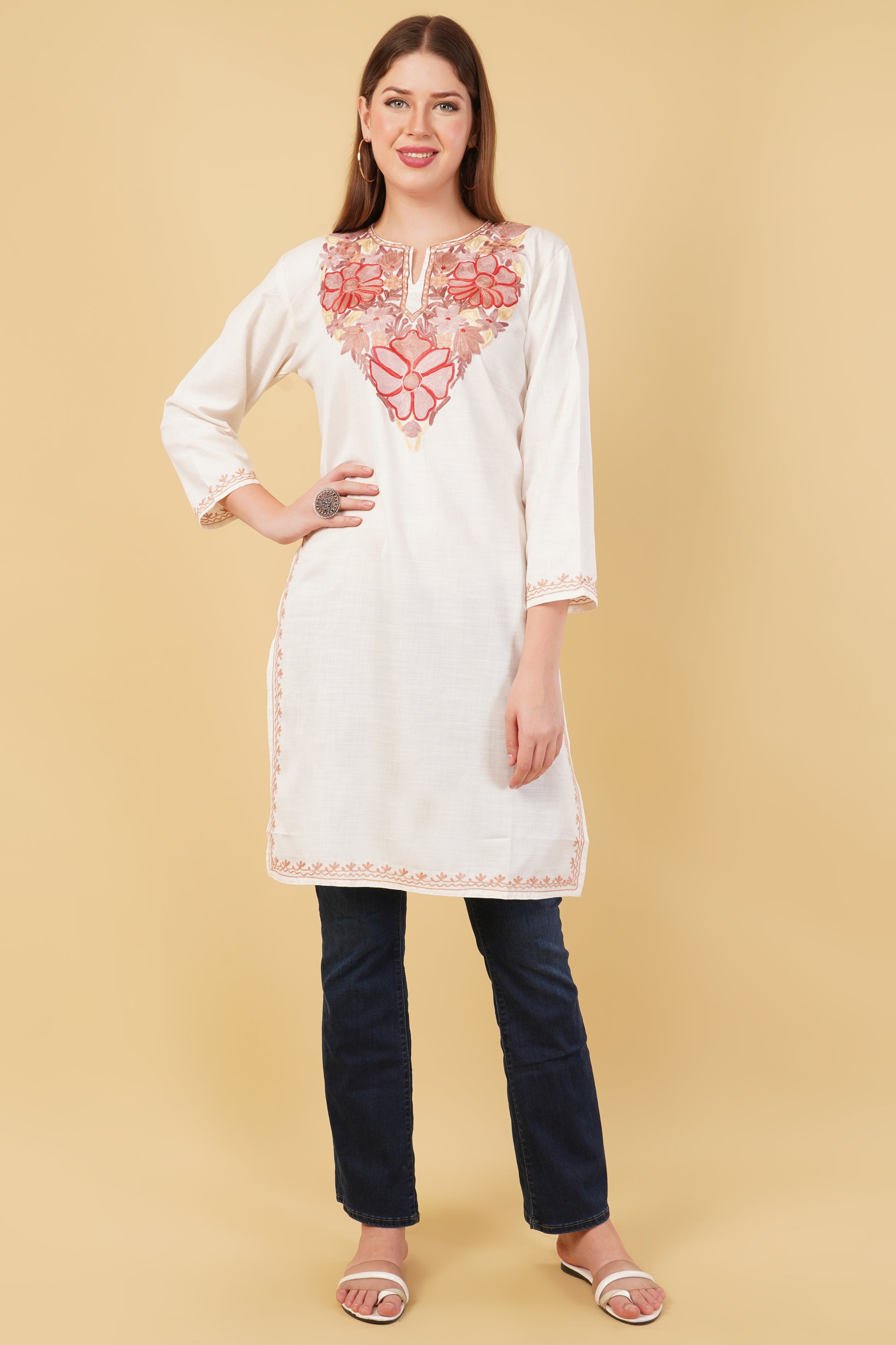 Kashmiri Aari embroidery Cotton Long Kurti Size-42 (White)