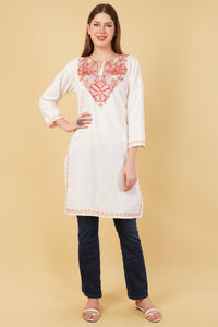 Kashmiri Aari embroidery Cotton Long Kurti Size-42 (White)