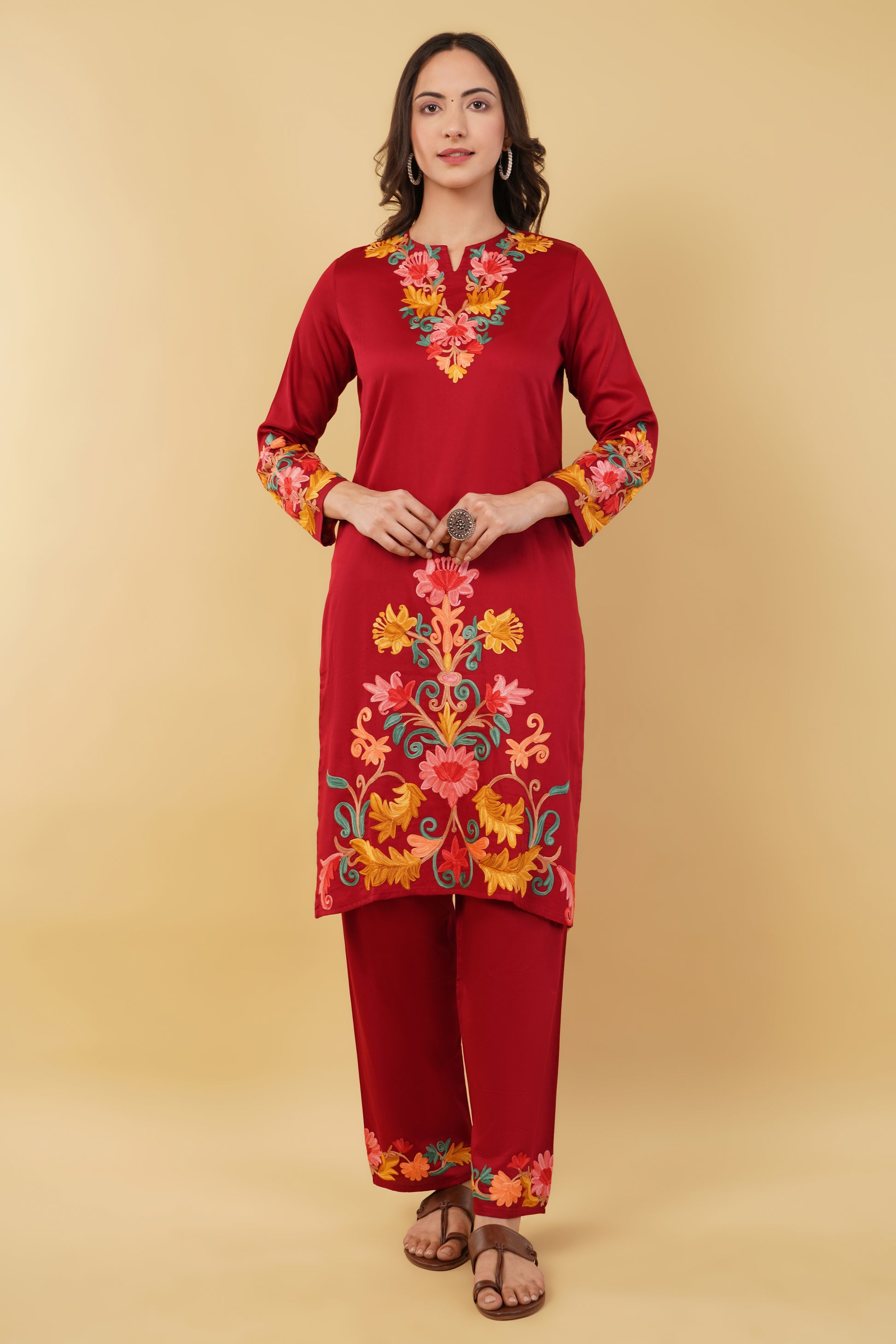 Kashmiri Aari embroidery Jaam Cotton Co-ord set Size-38 (Red)