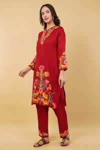 Kashmiri Aari embroidery Jaam Cotton Co-ord set Size-38 (Red)