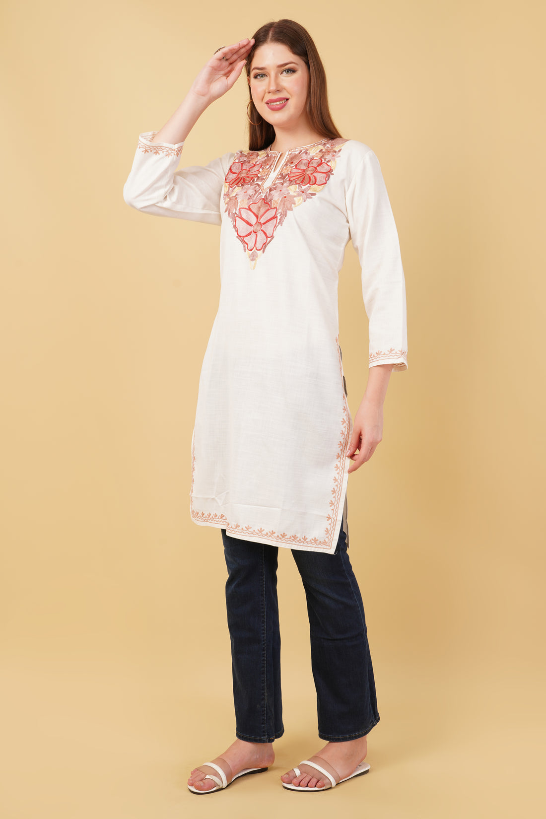Kashmiri Aari embroidery Cotton Long Kurti Size-42 (White)