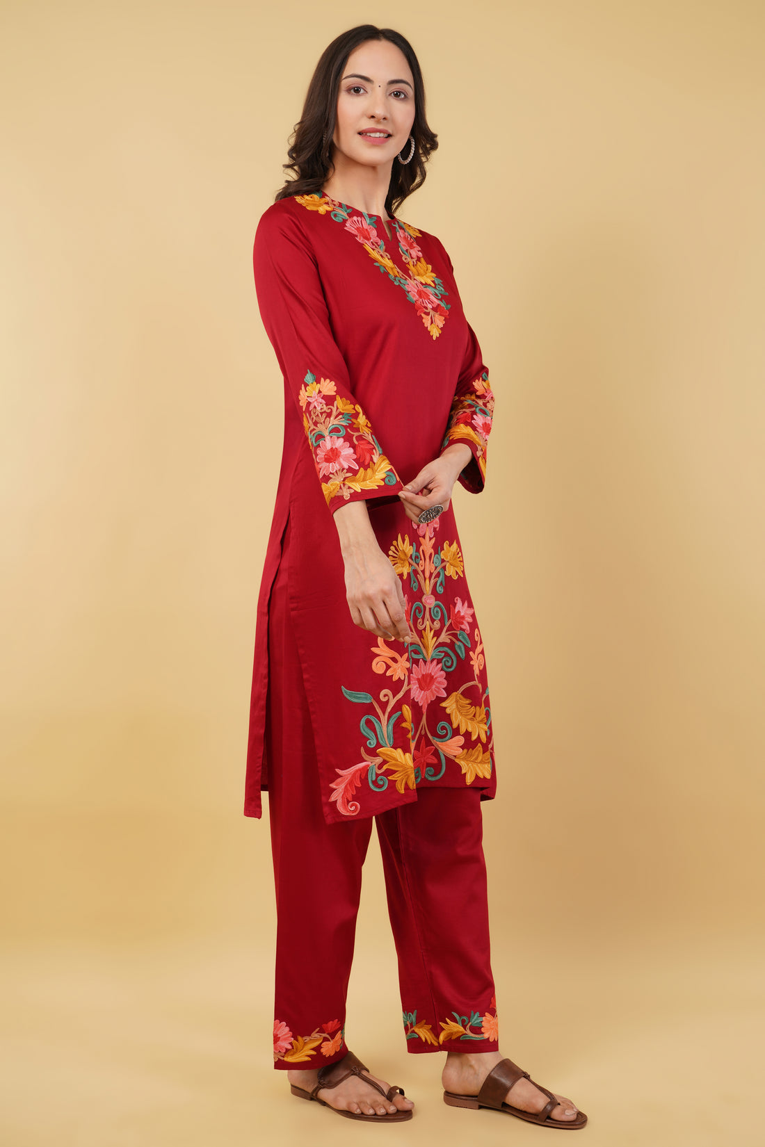 Kashmiri Aari embroidery Jaam Cotton Co-ord set Size-38 (Red)