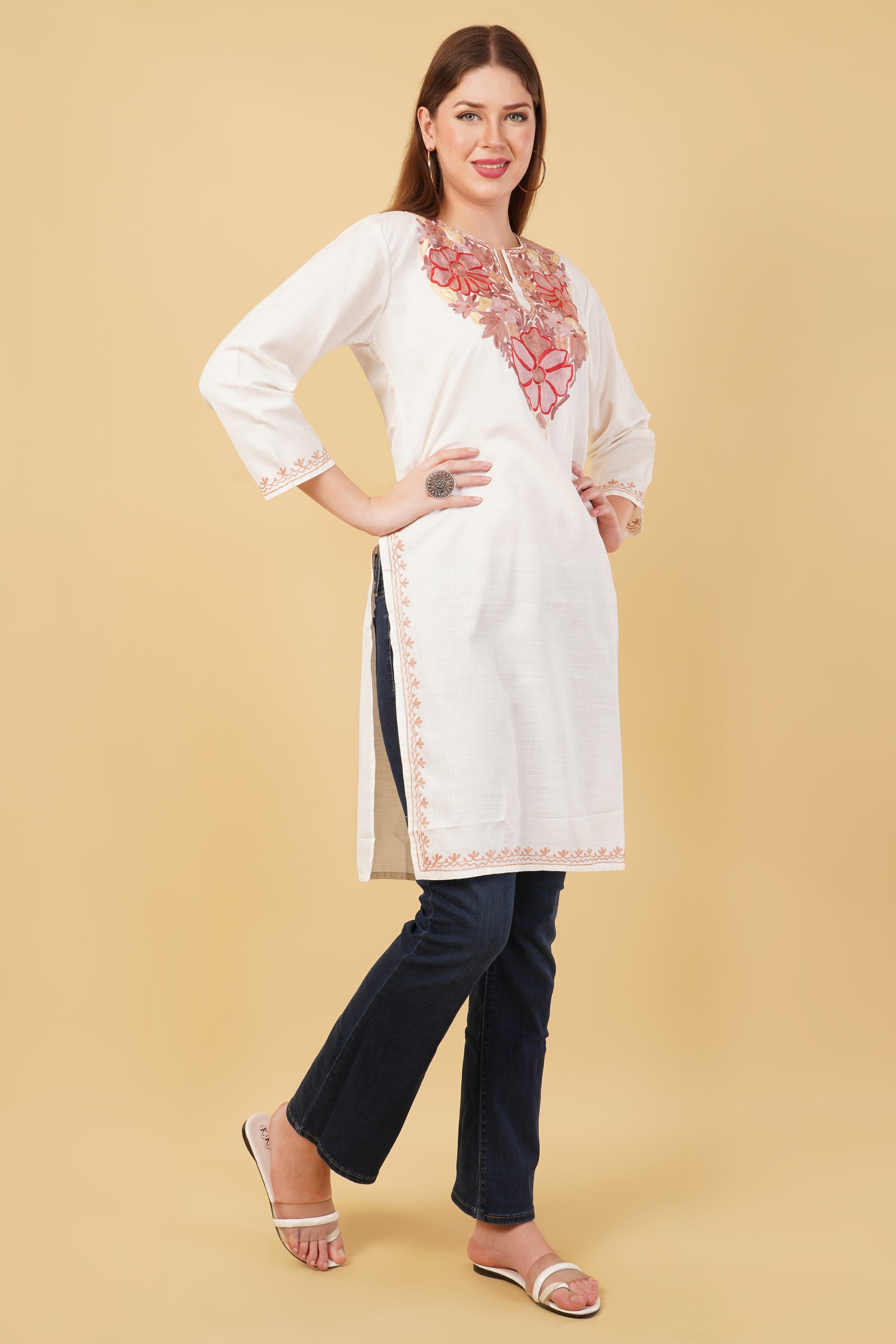 Kashmiri Aari embroidery Cotton Long Kurti Size-42 (White)